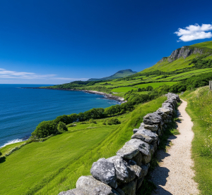 Küstenlandschaft in Nordirland mit Wanderweg entlang einer Steinmauer, grünen Hügeln und Blick auf das Meer bei klarem Himmel.