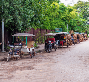 Straße mit Tuk-Tuks und Straßenhändlern in Siem Reap, Kambodscha.