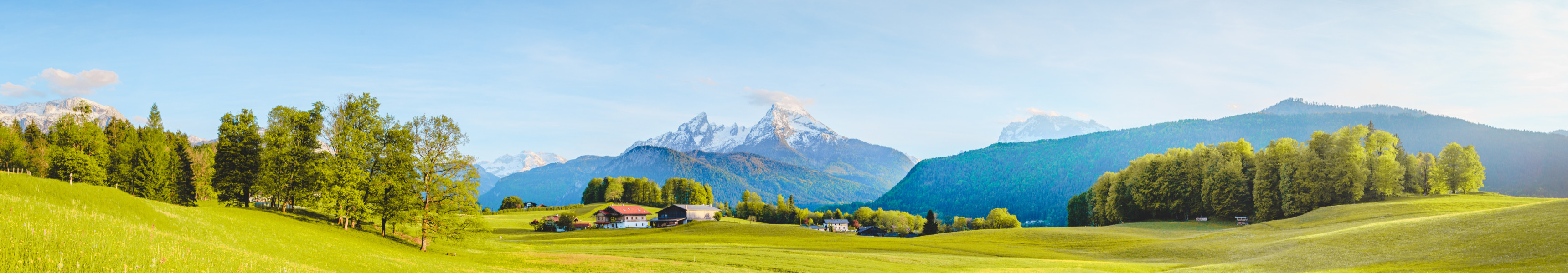 Berchtesgadener Land mit Wiesen, Bäumen und Bergen im Hintergrund.