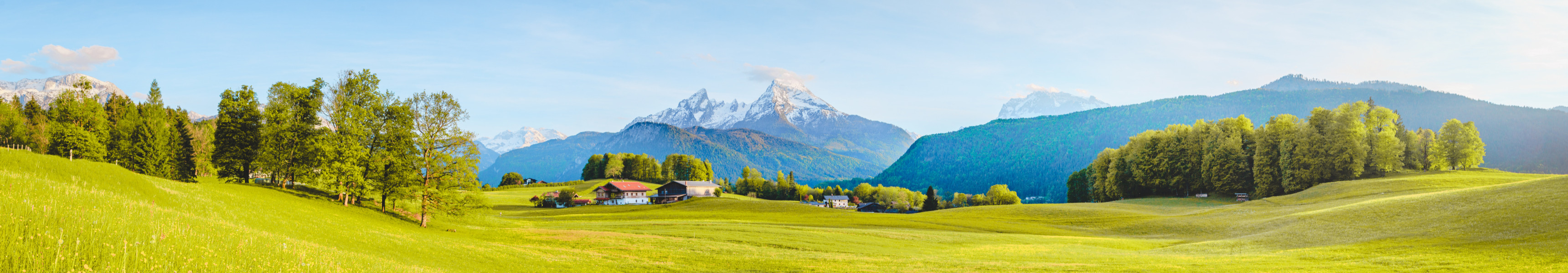 Berchtesgadener Land mit Wiesen, Bäumen und Bergen im Hintergrund.