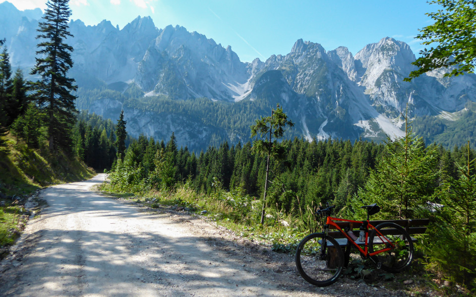 Mountainbike steht an Forststraße im Salzkammergut mit Blick auf bewaldetes Tal und markante Kalkalpen.
