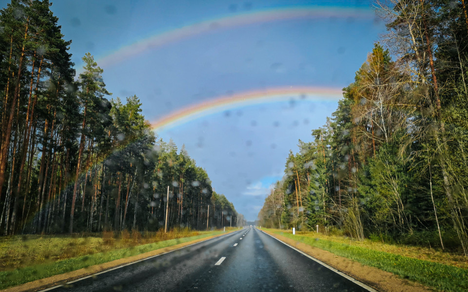 Verregnete Stra&szlig;e in Nordirland mit Regenbogen und Wald