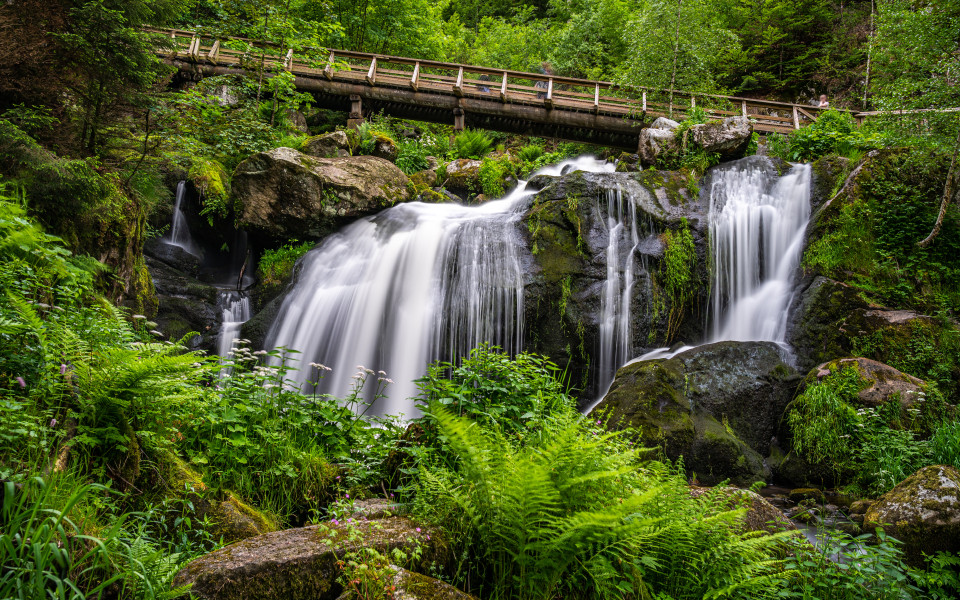 Der Triberg-Wasserfall im Naturwunder Schwarzwald, mit mehreren Wasserf&auml;llen, die in klaren Becken herabst&uuml;rzen, umgeben von &uuml;ppigem Gr&uuml;n und einem Wanderweg, der &uuml;ber den Wasserfall f&uuml;hrt.